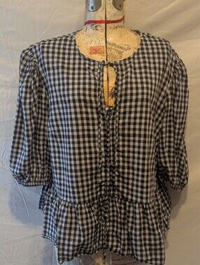 NWOT Cropped Peplum Top In Cool Cotton Viscose Fabric, Brown/Blue Check 3X